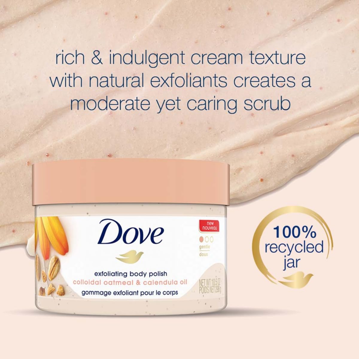 Dove Exfoliating Body Polish Scrub for Silky Skin Oatmeal & Calendula Oil Body Scrub Exfoliates & Gives Lasting Nourishment 10.5 oz