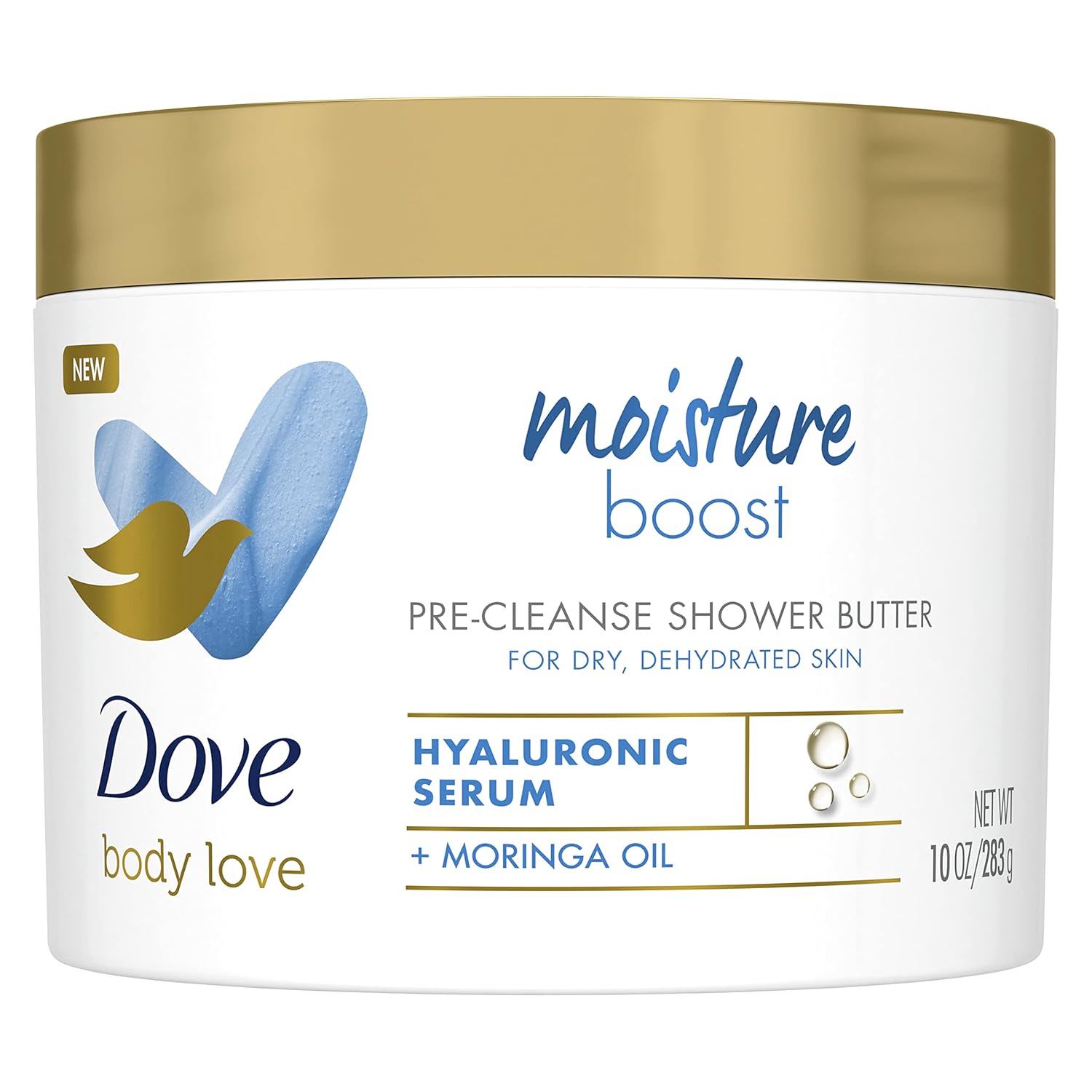 Dove Body Love Shower Cleansing Butter Moisture Boost Cleanser for Dry Skin Silkier than Body Wash with Hyaluronic Acid and Moringa Oil 10 oz