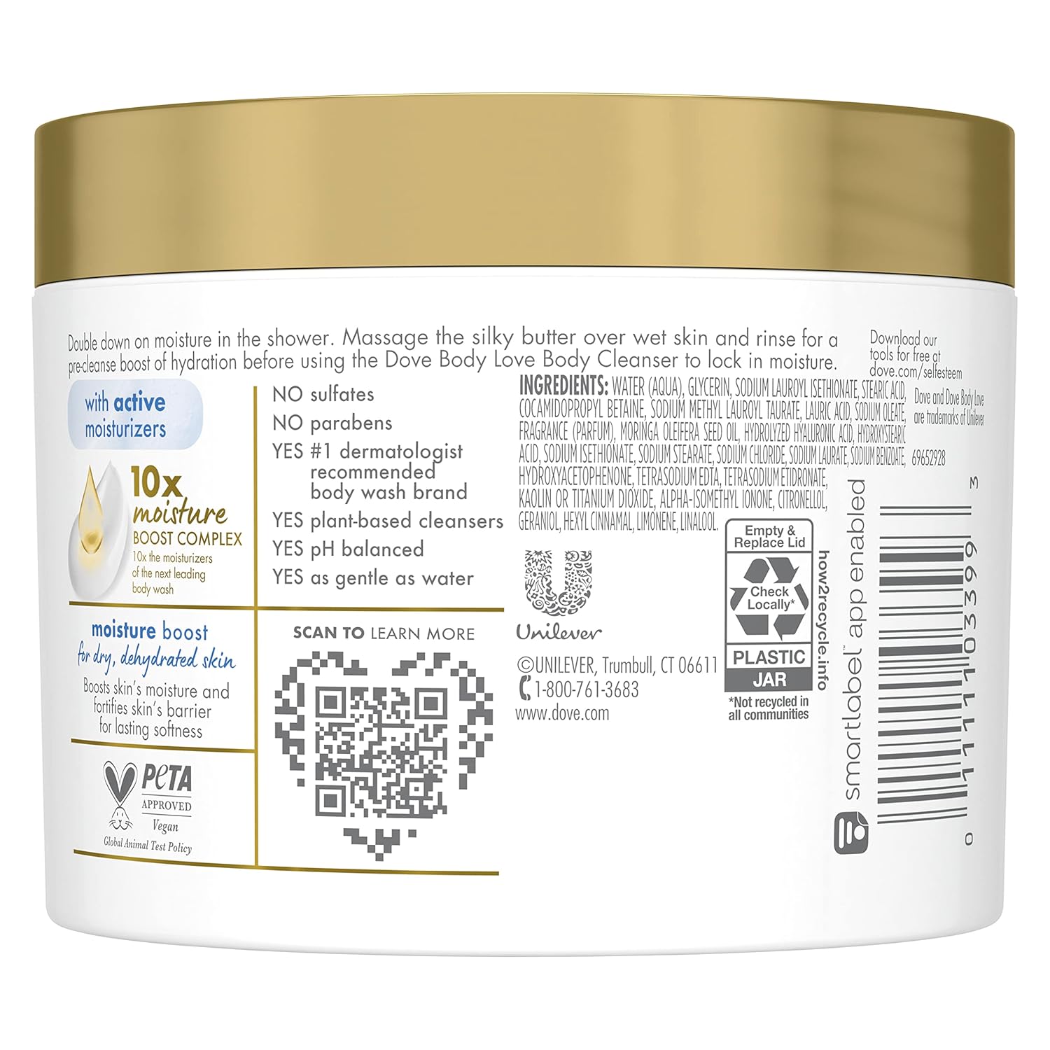 Dove Body Love Shower Cleansing Butter Moisture Boost Cleanser for Dry Skin Silkier than Body Wash with Hyaluronic Acid and Moringa Oil 10 oz